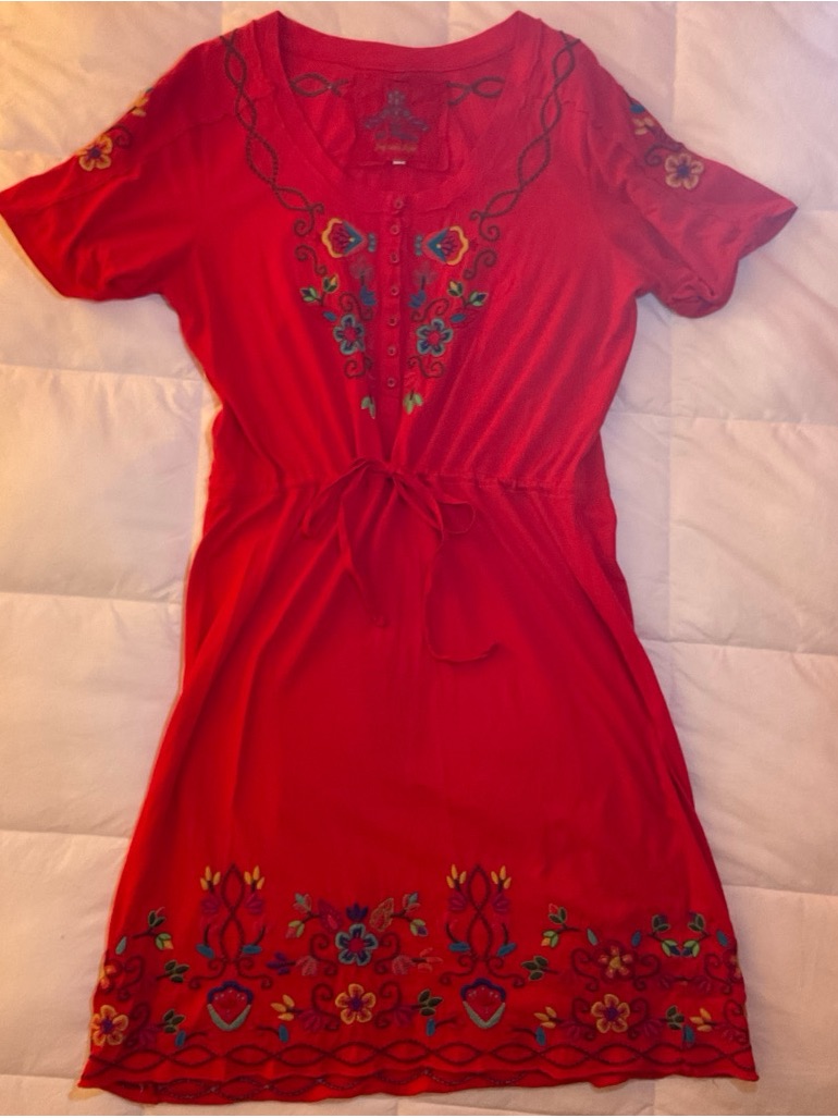 Johnny Was Red Embroidered Tie-Waist Midi Dress